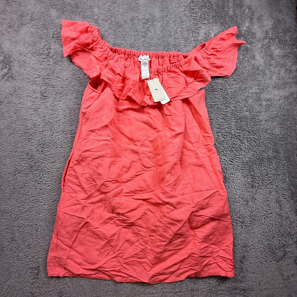 Tommy Bahama Off The Shoulder Pink Coral Linen Blend Dress NWT Womens L